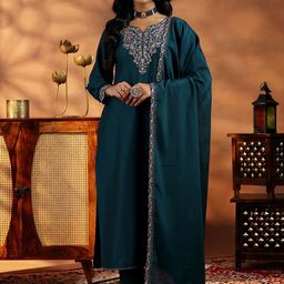 Libas Floral Yoke Design Zari Notch Neck Puff Sleeves A Line Kurta with Trousers & Dupatta-26
