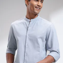 HIGHLANDER Men Band Collar Solid Cotton Casual Shirt-image-2
