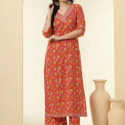 NYPA Floral Printed V-Neck Mirror Work Pure Cotton Straight Kurta With Palazzos-picture-18