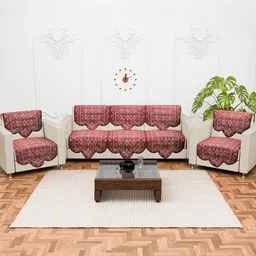 Kuber Industries Maroon 10 Pieces Self Design Cotton 5 Seater Sofa Covers-4
