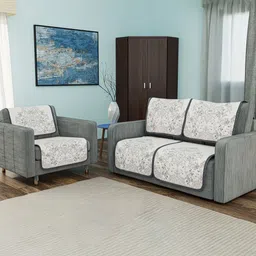 Aura White & Blue 6 Pieces Printed Cotton 2+1 Seater Sofa Covers-5