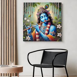 999Store Green & Blue Krishna Wood Religious Wall Painting-image-11