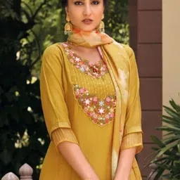 KALINI Yoke Design Chanderi Silk A-Line Kurta With Trousers And Dupatta image 5