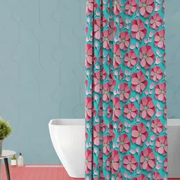 ArtzFolio Teal Blue & Pink Floral Printed Waterproof Shower Curtain-image-38