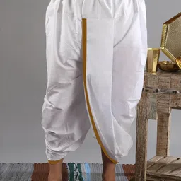 Exotic India Men Ready to Wear Dhoti with Woven Zari Patti from ISKCON Vrindavan by BLISS-image-22