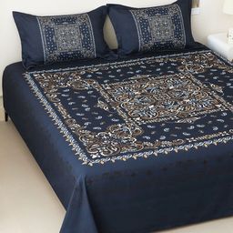 Story@home Navy Blue & White Ethnic Motifs 300 TC King Bedsheet with 2 Pillow Covers-image-105