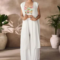 Fusionic Hand-Embroidered Crop Top with Tiered Palazzo & Sheer Cape Co-Ords-picture-1