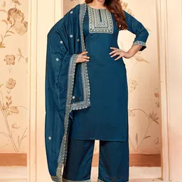 Ekta Textiles Floral Yoke Design Thread Work Straight Kurta & Palazzos With Dupatta-picture-15