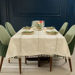 URBAN SPACE White Floral Anti-Slip Cotton 4-Seater Table Cover with Embroidered details-57