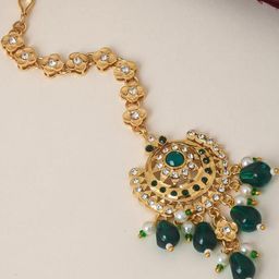 flying beads Women Green Gold-Plated Artificial Stones Studded Maang Tikka Head Jewellery-image-82