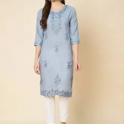 Ekasya Floral Embroidered Round Neck Three-Quarter Sleeves Chikankari Work Cotton Kurta-image-5