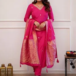 Twika Floral Embroidered Notch Neck Chanderi Silk Straight Kurta With Trousers & Dupatta-23