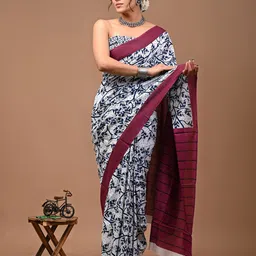 Crafts Moda Floral Pure Cotton Block Printed Saree-6