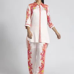SHAYE White Floral Print Casual Modal Satin Shirt With Trousers Co-Ords-image-20