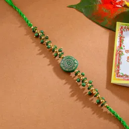 Sangria Artificial Stones Studded & Beaded Thread Rakhi with Roli Chawal Chandan & Mishri-64