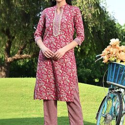 Sangria Women Floral Printed Regular Pure Cotton Kurta with Trousers-picture-8