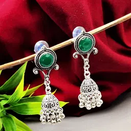 Yash Jewels Emporiums Silver-Plated Artificial Stones Studded Oxidised Dome Shaped Jhumkas-picture-41