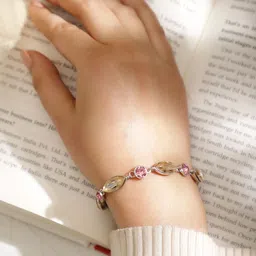 Rubans Rhodium Plated Pink and Light Gold Zicronia Gemstone Link Bracelet-1