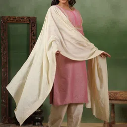 Span Ethnic Motifs Printed Thread Work Pure Silk Straight Kurta with Trouser & Dupatta image 3