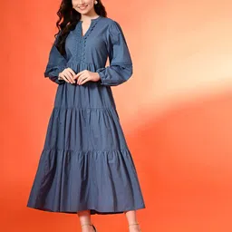 Fuchsia Cotton Lace-Up V-Neck Bishop Sleeves Fit and Flare Tiered Midi Dress-image-97