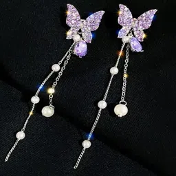Celestique Artificial Stones Studded & Beaded Contemporary Shaped Korean Drop Earrings-21