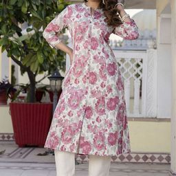 Pistaa Floral Printed High Slit Mandarin Collar Pure Cotton A-Line Kurta With Trousers-19