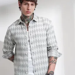 HIGHLANDER Men Comfort Relaxed Fit Geometric Printed Spread Collar Cotton Casual Shirt-image-35