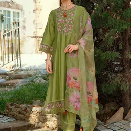 Indo Era Floral Embroidered Tieup Neck Liva A-Line Kurta With Trousers & Dupatta-26