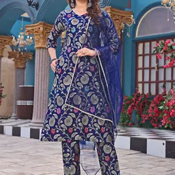 Siya Fashion Floral Woven Design V-Neck Straight Kurta With Trousers & Dupatta-image-96