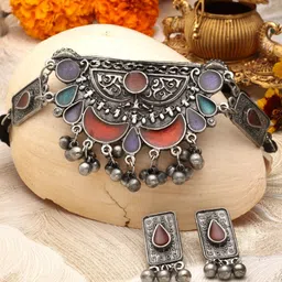 Moedbuille Silver-Plated Stone-Studded & Beaded Oxidised Jewellery Set-image-88