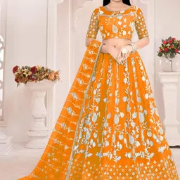 F Plus Fashion Girls Orange Net Semi-Stitched Lehenga Choli-picture-34