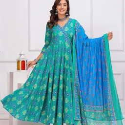 Mizaz Ethnic Motifs Printed Pure Cotton Anarkali Kurta with Trousers & With Dupatta-27