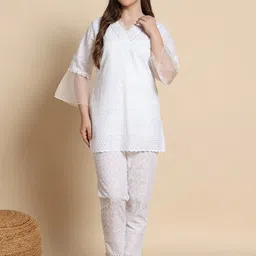 ISHKIYA Embroiered V Neck Pure Cotton Tunic & Trousers-16