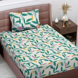 Myntra Elegant Homes Green & Pink Floral 300 TC Single Bedsheet with 1 Pillow Covers-image-31