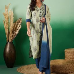Sangria Floral Printed Round Neck Straight Kurta With Trousers And Dupatta-58