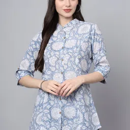 BAESD Floral Print Mandarin Collar Roll-Up Sleeves Ethnic Cotton Top-image-97