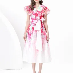 JC Collection Floral Printed Flutter Sleeve A-Line Midi Dress-picture-4