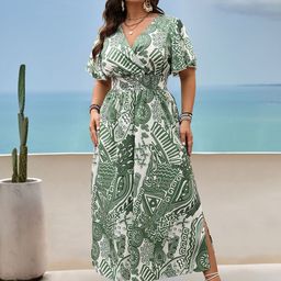 StyleCast Curve Women Printed Flutter Sleeve Wrap Maxi Dress-picture-9