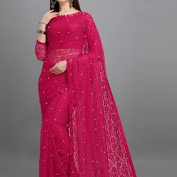LOROFY Floral Woven Design Beads and Stones Net Saree-picture-24