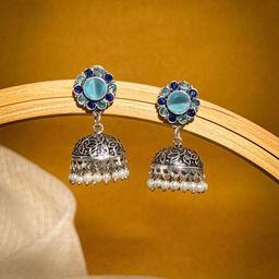 NAMAN ARTS Silver-Plated Artificial Stones Studded and Beaded Dome Shaped Oxidised Jhumkas-image-40