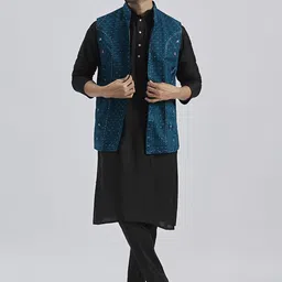 VASTRAMAY Mandarin Collar Straight Kurta with Trousers & Embroidered Nehru Jacket-picture-13