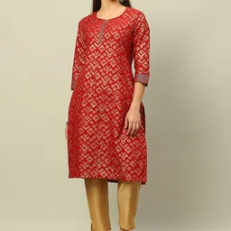 Rangriti Geometric Woven Design Round Neck Three Quarter Sleeves Straight Kurta-19