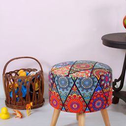 Shadowkart Blue & Red Printed Wooden Pouffes Ottoman-10