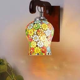 Devansh White & Yellow Textured Bell Shaped Wooden Wall Lamp-image-88