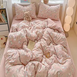 JC HOME Pink & White Polycotton 4 Piece Double King Regular Bedding Set-picture-48