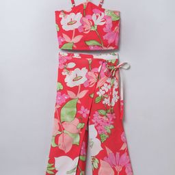 taffykids Girls Floral Printed Shoulder Straps Crop Top With Trousers-image-26