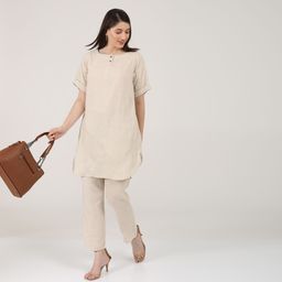 Saltpetre Women Beige Boat Neck Tunic With Trouser Co-Ord Set-image-99