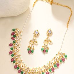 DASTOOR Gold-Plated Stone-Studded & Beaded Jewellery Set-image-29