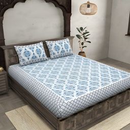 Bombay Spreads Blue & Off White Floral 180 TC King Bedsheet with 2 Pillow Covers-image-84