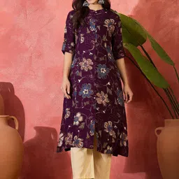 Sangria Floral Printed Screen Print Mandarin Collar A-Line Kurta-34